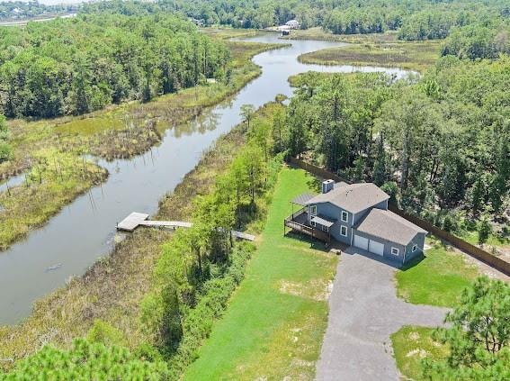 aerial view featuring a water view