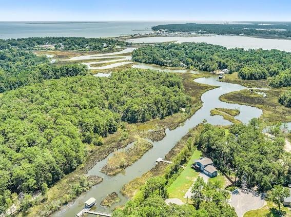 aerial view featuring a water view