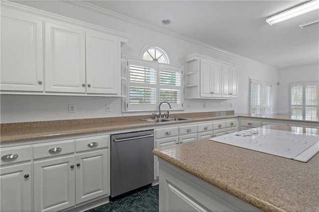 kitchen featuring sink, dishwasher, ornamental molding, white cabinets, and white electric stovetop