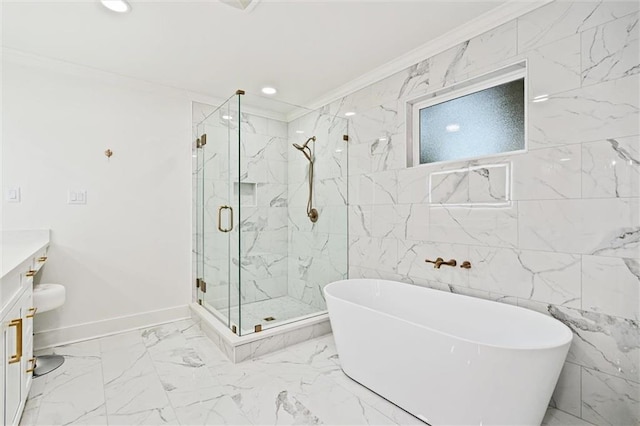 bathroom with crown molding, vanity, and independent shower and bath