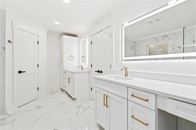 bathroom featuring walk in shower, vanity, and ornamental molding