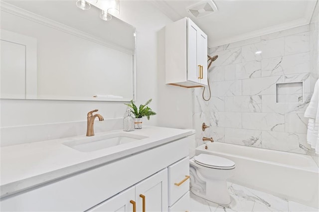 full bathroom featuring crown molding, vanity, tiled shower / bath combo, and toilet