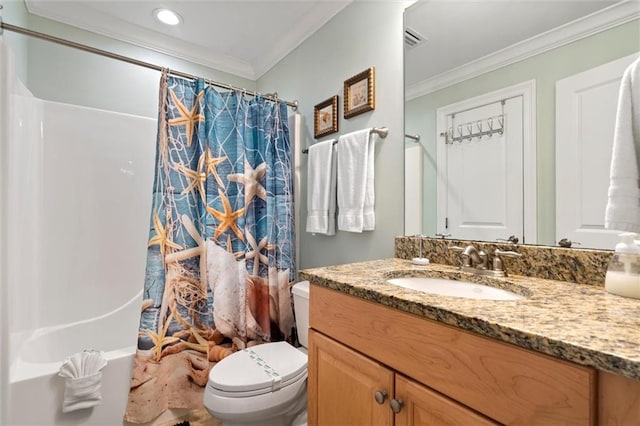 full bathroom with ornamental molding, vanity, toilet, and shower / bath combo with shower curtain