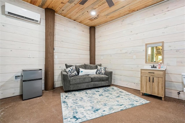 living area featuring wood walls, an AC wall unit, wood ceiling, and ceiling fan