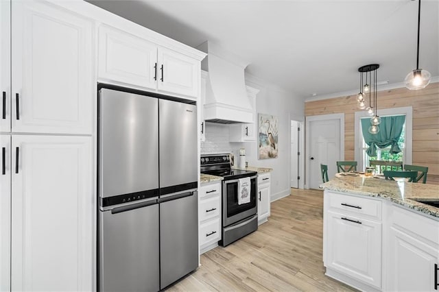 kitchen featuring wood walls, decorative backsplash, appliances with stainless steel finishes, and white cabinetry