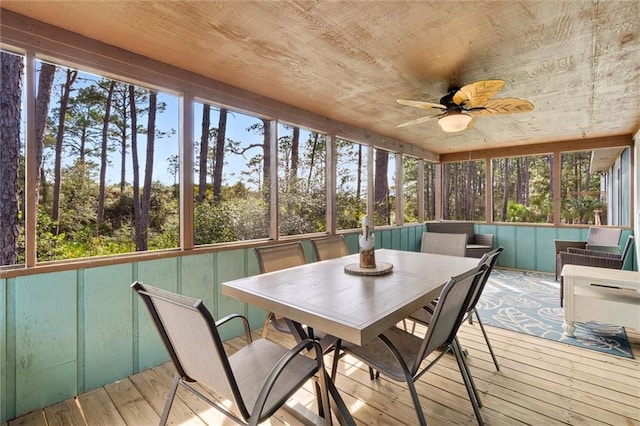 sunroom featuring wood ceiling, a ceiling fan, and a wealth of natural light