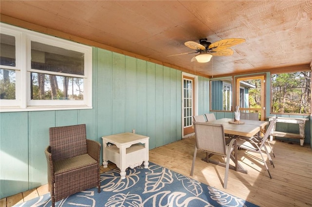 sunroom / solarium featuring wooden ceiling, a ceiling fan, and a healthy amount of sunlight