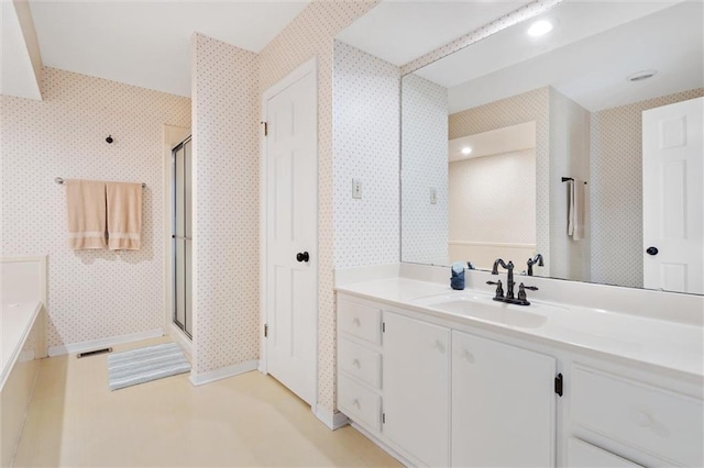 full bathroom featuring visible vents, wallpapered walls, a shower stall, vanity, and a bath