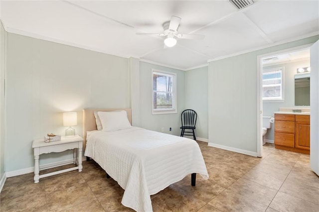 bedroom with visible vents, baseboards, ceiling fan, ensuite bathroom, and light tile patterned flooring