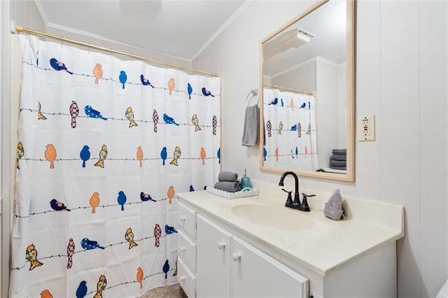 full bath with ornamental molding, curtained shower, and vanity