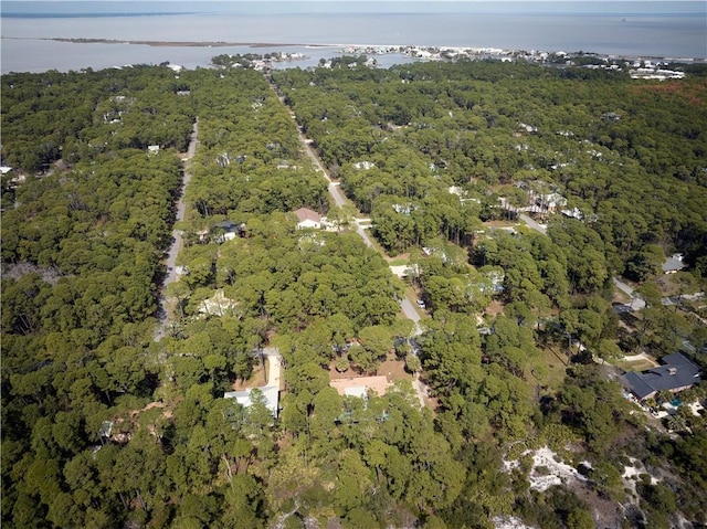 aerial view featuring a water view and a forest view