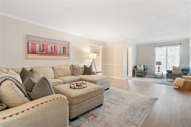 living room featuring baseboards, a textured ceiling, ornamental molding, and wood finished floors