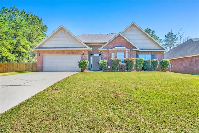 view of front facade featuring fence, concrete driveway, a front yard, a garage, and brick siding