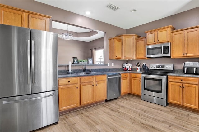 kitchen featuring visible vents, a sink, dark countertops, light wood-style floors, and appliances with stainless steel finishes