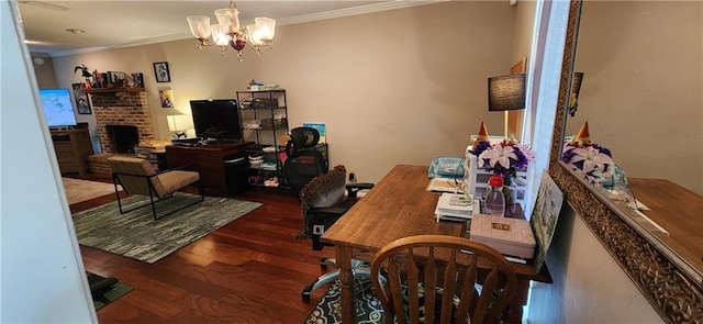 6325 Shadowlake Ct, Mobile, AL 36693 - office area with crown molding, wood finished floors, a chandelier, and a brick fireplace