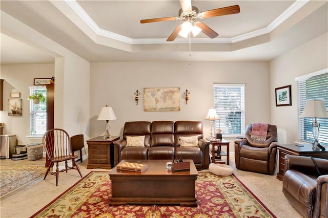 living room with crown molding, light colored carpet, and a raised ceiling