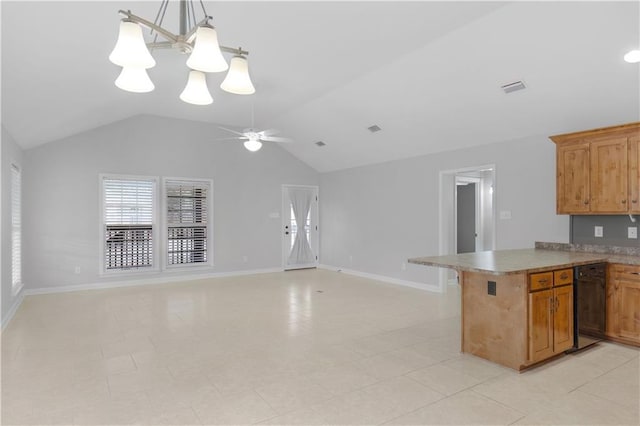 kitchen featuring brown cabinetry, black dishwasher, pendant lighting, and open floor plan