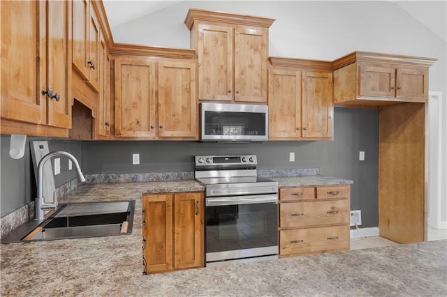 kitchen with lofted ceiling, appliances with stainless steel finishes, and a sink