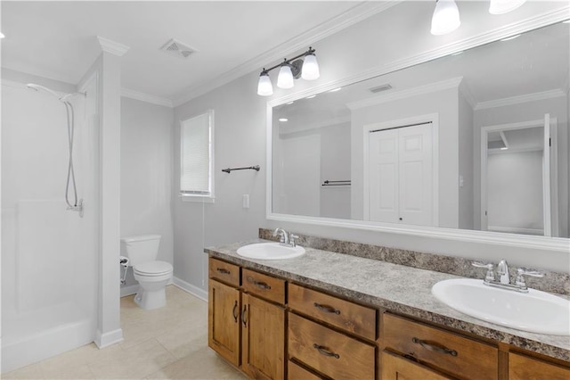 full bath with double vanity, crown molding, a closet, and a sink