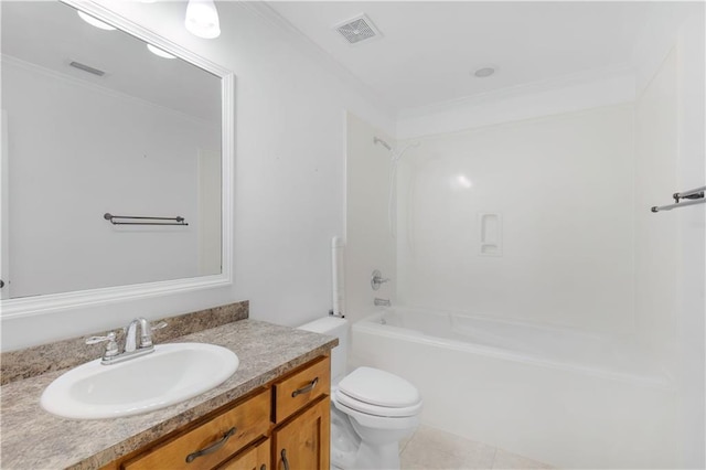 bathroom with toilet, visible vents,  shower combination, and vanity