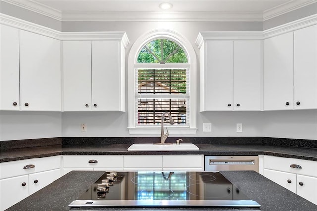 104 Ferncliff Cir, Daphne, AL 36526 - kitchen with a sink, black electric stovetop, stainless steel dishwasher, white cabinets, and crown molding