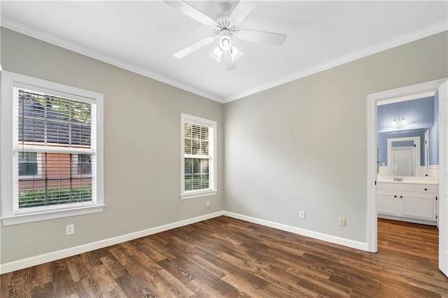 104 Ferncliff Cir, Daphne, AL 36526 - unfurnished bedroom with ornamental molding, dark wood finished floors, baseboards, ensuite bathroom, and a ceiling fan