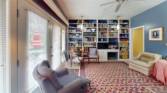 living area with a wealth of natural light and ceiling fan