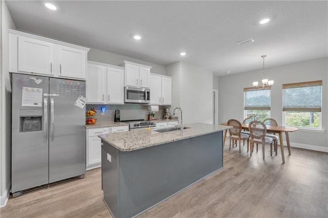 kitchen with a sink, stainless steel appliances, white cabinetry, backsplash, and light wood-style floors