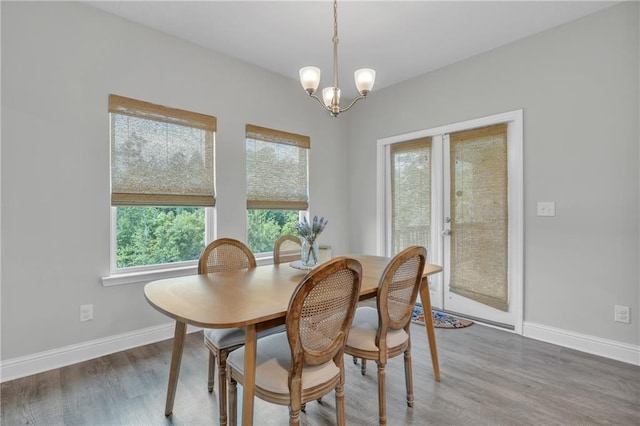 dining space featuring a chandelier, wood finished floors, baseboards, and a healthy amount of sunlight