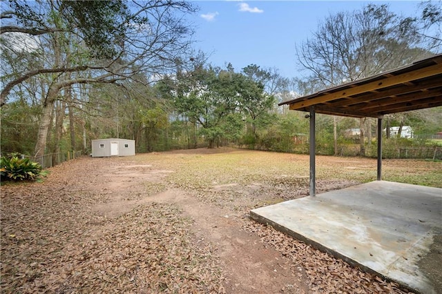 view of yard featuring a storage unit and a patio