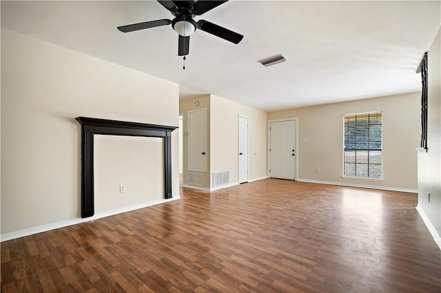 unfurnished living room with hardwood / wood-style flooring and ceiling fan