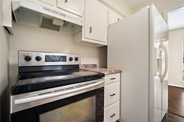 kitchen featuring white cabinets, stainless steel range with electric stovetop, dark wood-type flooring, and white fridge with ice dispenser