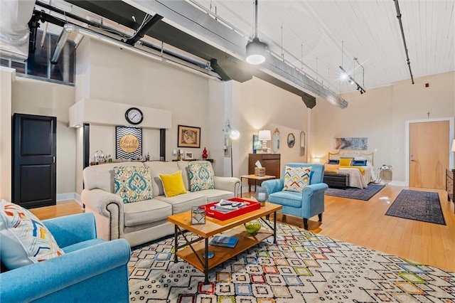 living room featuring a towering ceiling and light hardwood / wood-style floors