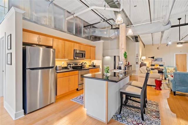 kitchen with stainless steel appliances, light hardwood / wood-style flooring, and light brown cabinets