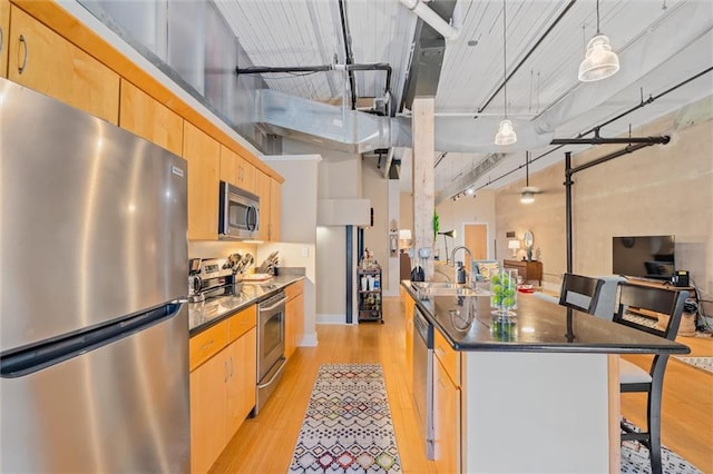 kitchen with sink, decorative light fixtures, light hardwood / wood-style flooring, a kitchen breakfast bar, and stainless steel appliances