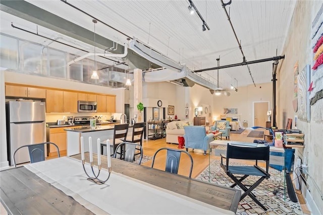 dining space featuring a high ceiling, track lighting, and light hardwood / wood-style flooring