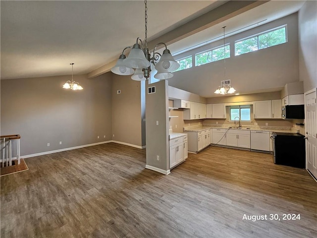 kitchen with white dishwasher, sink, high vaulted ceiling, light wood-type flooring, and white cabinets