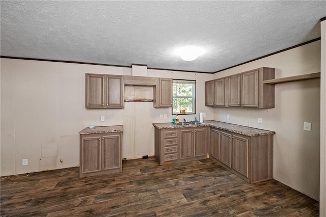 6550 Oak Grove Rd, Eight Mile, AL 36613 - kitchen with ornamental molding, dark wood-style flooring, a textured ceiling, a sink, and light stone countertops