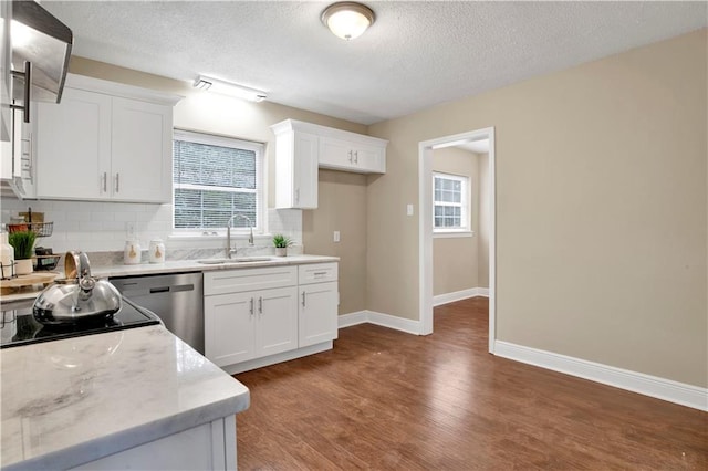 kitchen with dark hardwood / wood-style flooring, sink, white cabinetry, stainless steel dishwasher, and tasteful backsplash