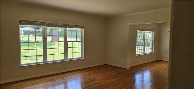 unfurnished room with ornamental molding, wood-type flooring, and a wealth of natural light