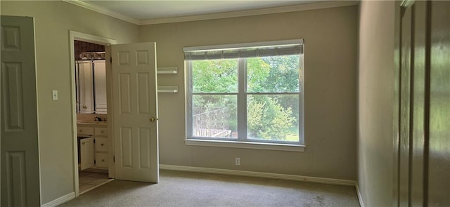 unfurnished bedroom featuring multiple windows, ornamental molding, connected bathroom, and light carpet