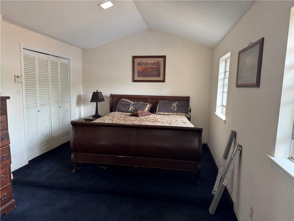 carpeted bedroom with vaulted ceiling and a closet