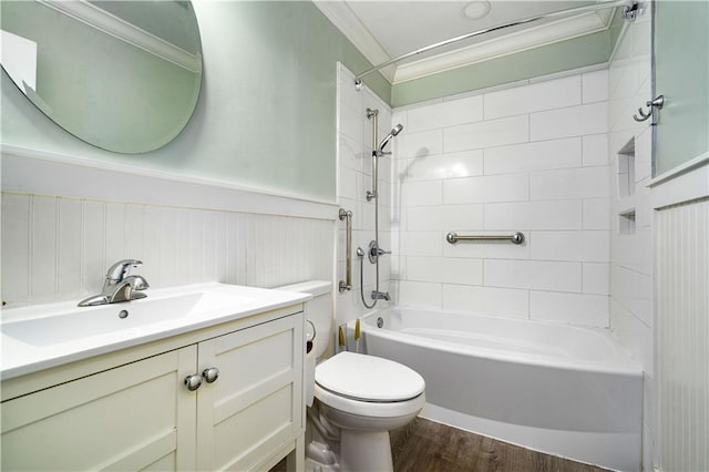 17714 Horseneck Rd, Bay Minette, AL 36507 - full bathroom featuring toilet, wood finished floors, shower / bath combination, crown molding, and vanity