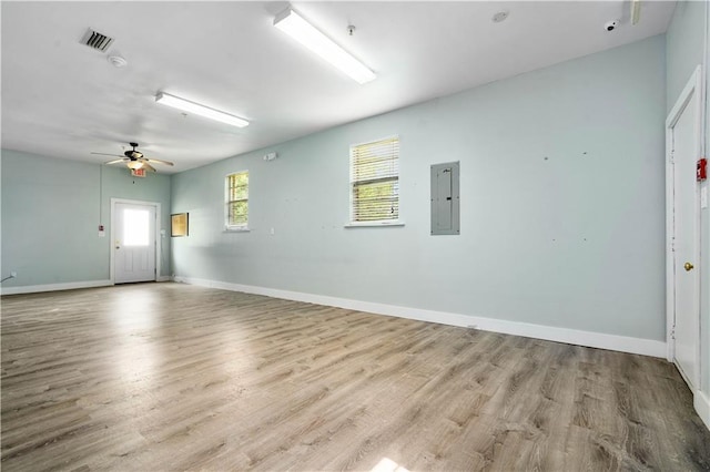17714 Horseneck Rd, Bay Minette, AL 36507 - interior space with baseboards, ceiling fan, visible vents, electric panel, and wood finished floors