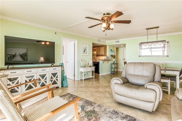 living room with ceiling fan, light tile patterned flooring, and crown molding