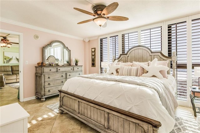 bedroom featuring ceiling fan, ornamental molding, and light tile patterned flooring