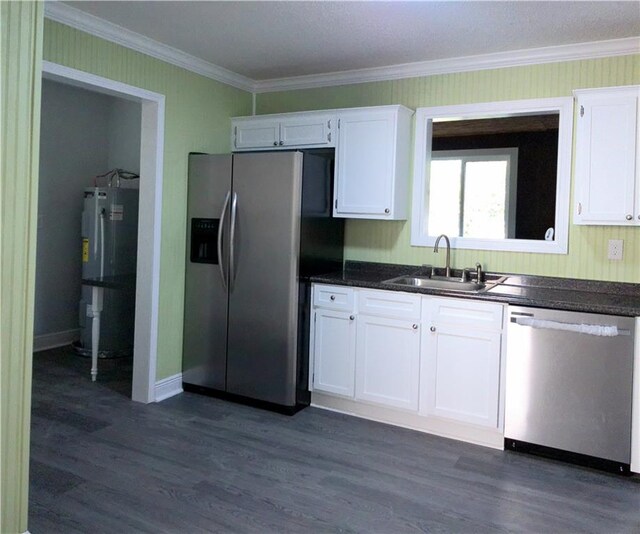 kitchen with white cabinetry, stainless steel appliances, sink, and strapped water heater