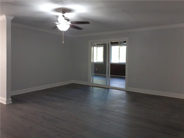 unfurnished room featuring a textured ceiling, dark wood-type flooring, and ceiling fan