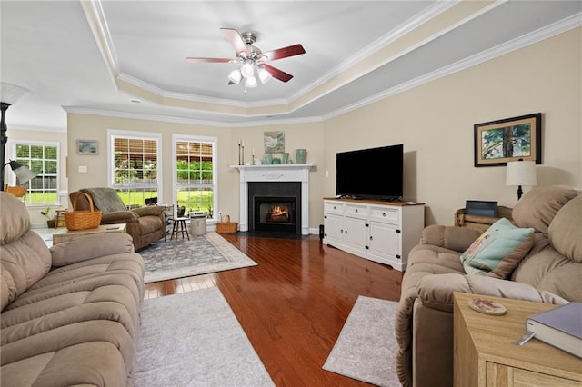 7115 Haleys Way, Theodore, AL 36582 - living room with a tray ceiling, ceiling fan, dark wood finished floors, ornamental molding, and a fireplace with flush hearth