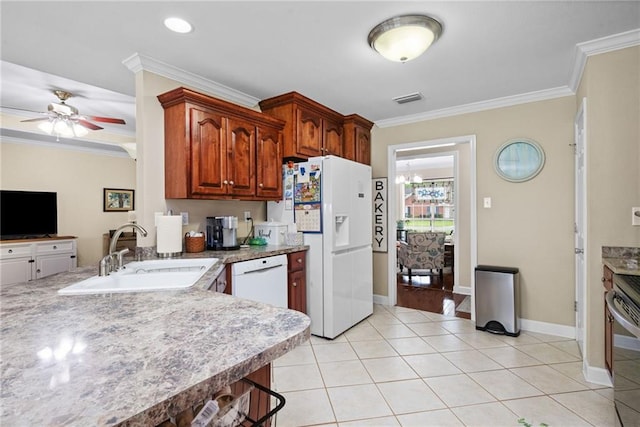 7115 Haleys Way, Theodore, AL 36582 - kitchen featuring a sink, white appliances, ornamental molding, a ceiling fan, and light countertops